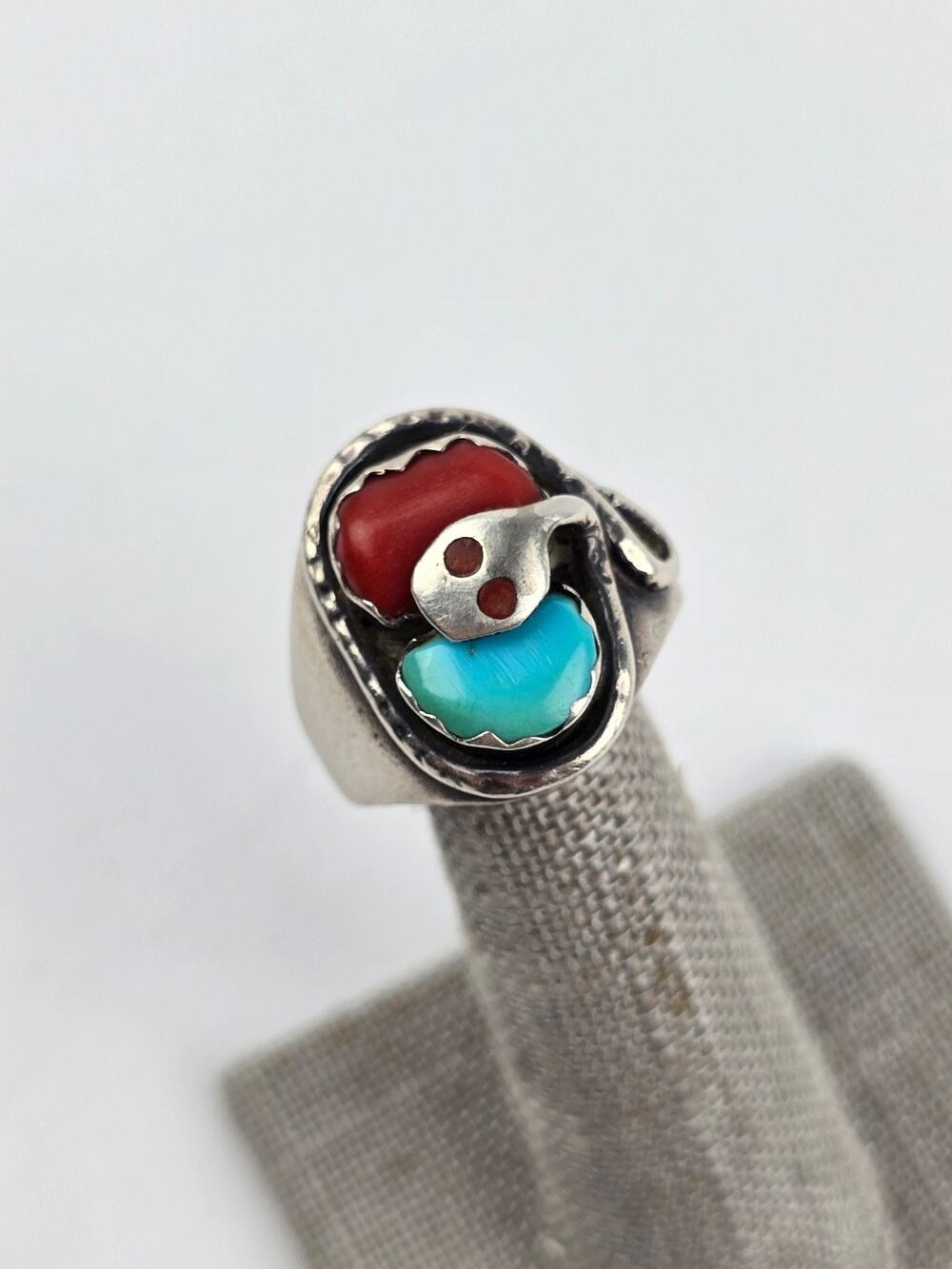 Effie Calavaza Zuni Sterling Silver Turquoise & Coral Snake Ring Size 10 VG cond